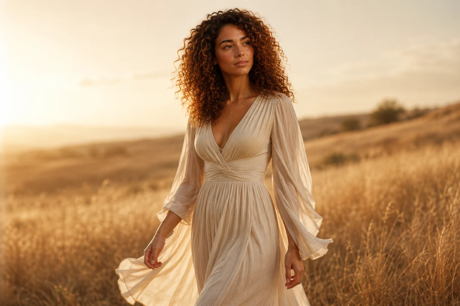 Zen Liora walking through a golden field at sunset