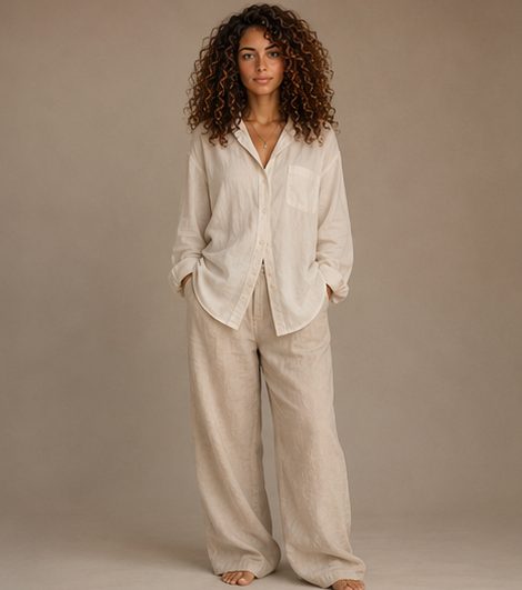 Zen Liora standing in soft cream linen