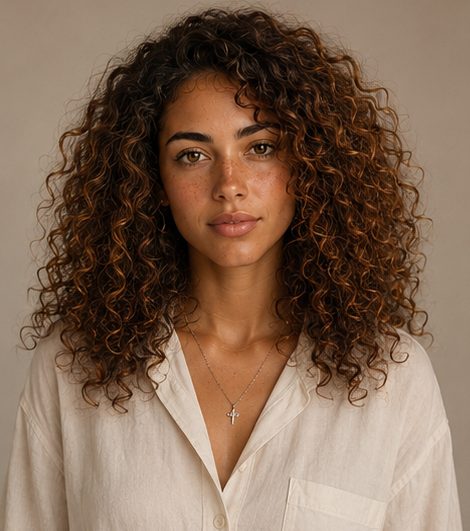 Close portrait of Zen Liora, calm and reflective