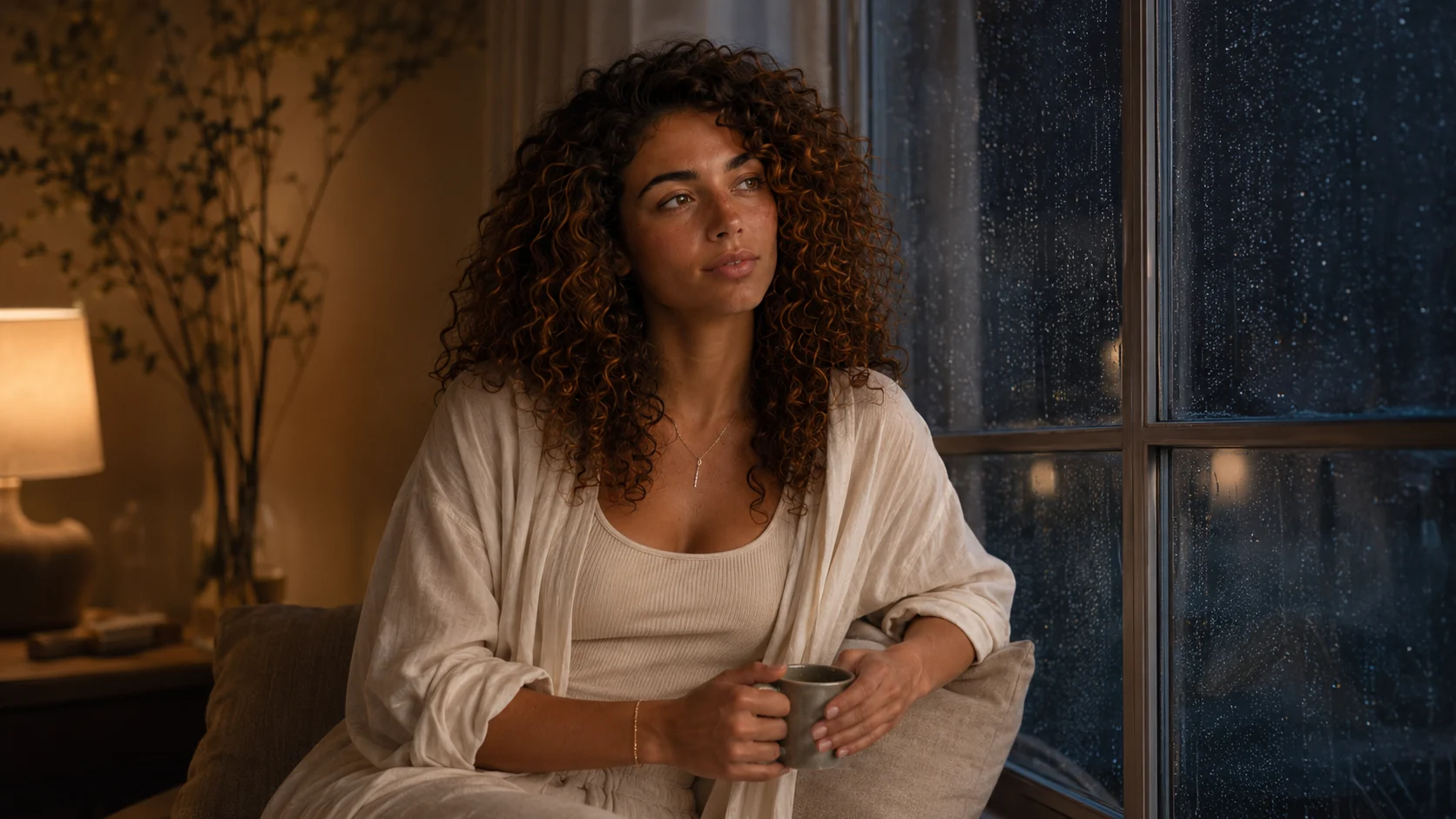Zen Liora beside a rain-covered window at night